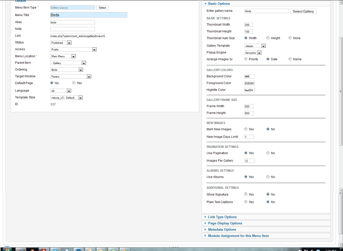 settings of the menu